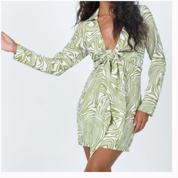 NWT Princess Polly Alexi Tie Up Shirt Dress In Green 2 - Picture 6 of 6